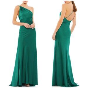 NWOT Ieena For MacDuggal One Shoulder Double Strap Satin Gown Emerald Green 4